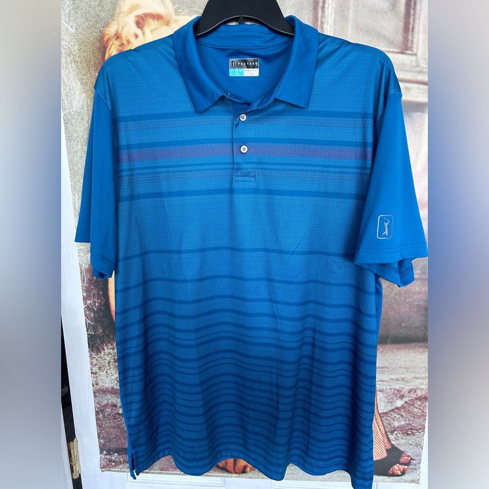 Men’s PGA Tour Pro Series golf shirt. Blue w/ pink stripes. Size XXL. EUC!